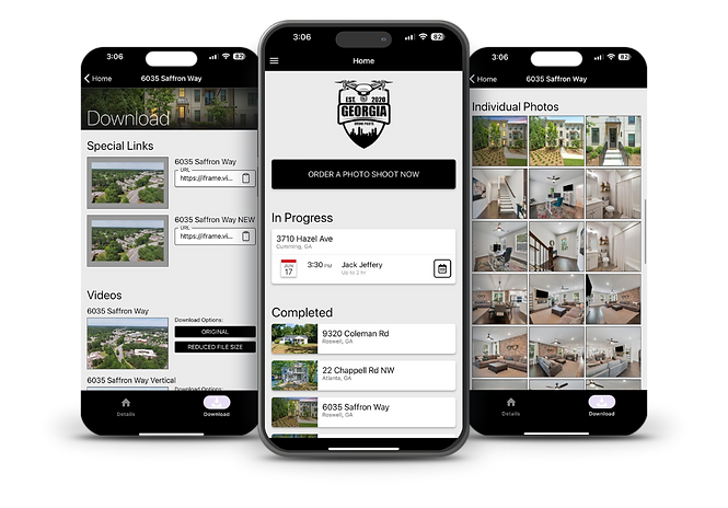 Mobile app interface showing real estate photo and video management with property galleries and scheduling.