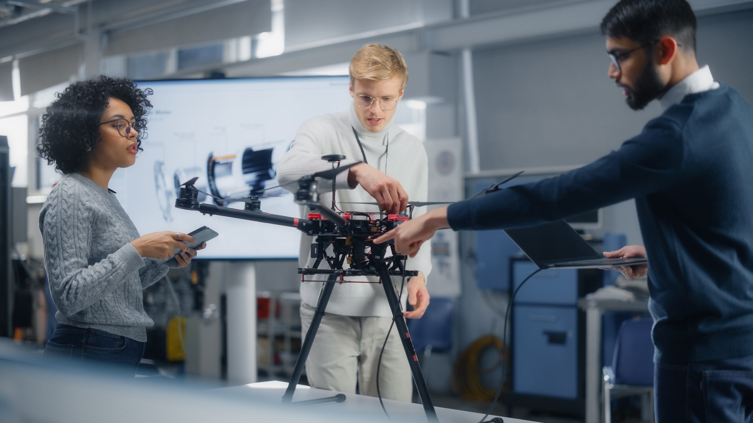 Diverse,Aviation,Engineers,Building,,Setting,Up,,Configuring,And,Testing,Drones